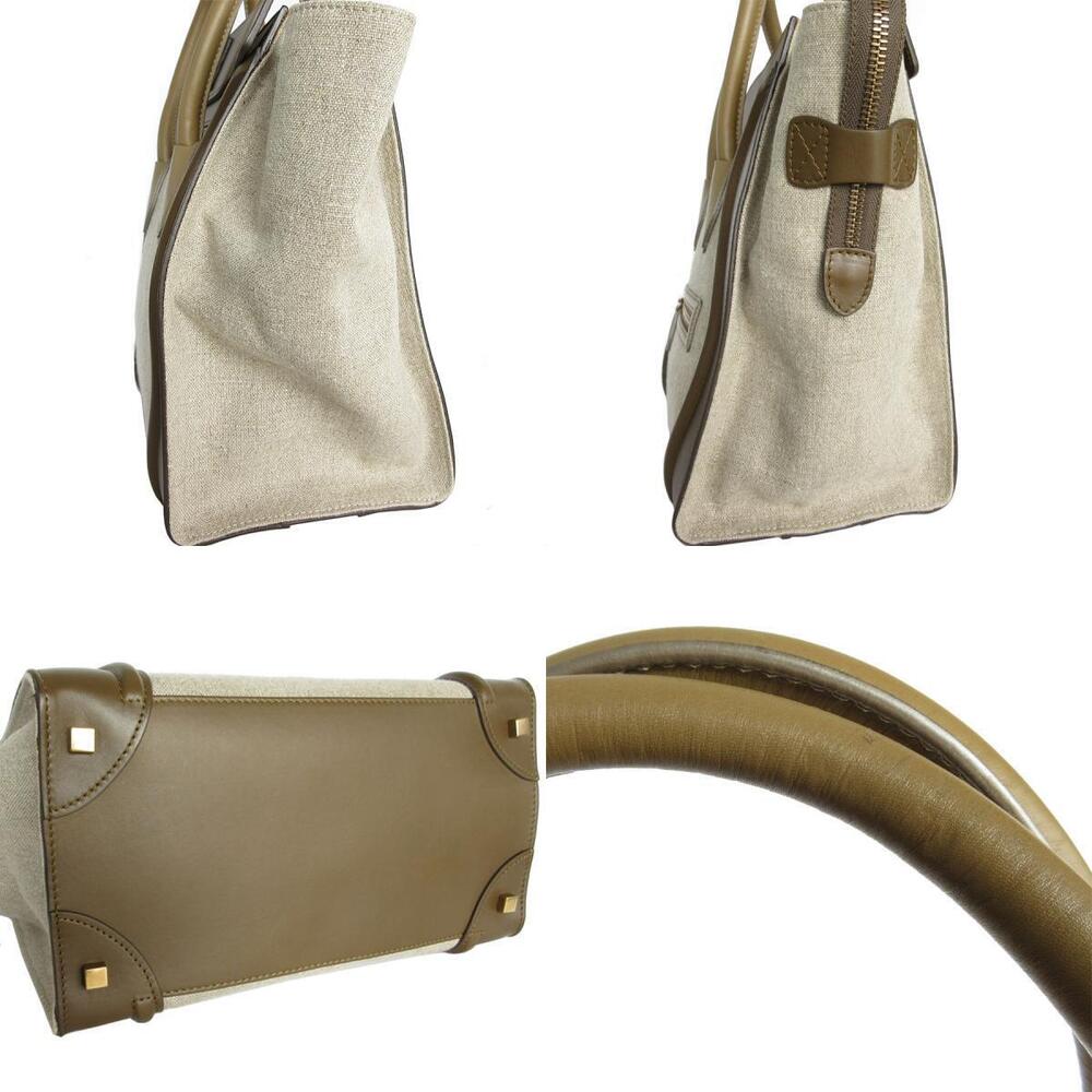 Celine Luggage Shopper Handbag Leather Canvas Khaki Green Brown Beige - Picture 3 of 4